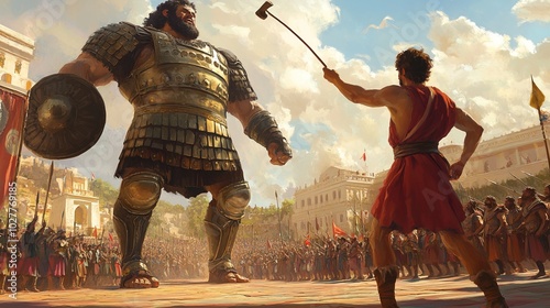 Young David facing the giant Goliath in battle, dramatic tension, detailed armor and weapons, vibrant and intense atmosphere, slingshot in David's hand, high-resolution, heroic and iconic moment