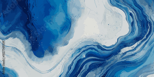 Beautiful soft blue sea water, ocean wave background. Soft blue and white hand printed creative marble texture ocean background.