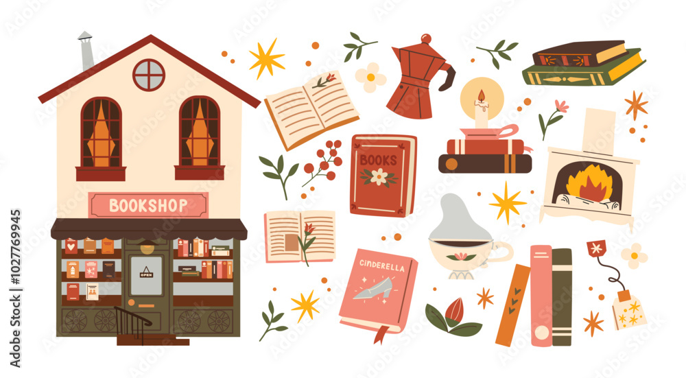 Bookstore stickers and autumn decor. Cozy shapes attributes of autumn: plants, leaves, books, fireplace, warmth and coziness. Cute library stickers in retro cartoon doodle style Bookstore stickers and autumn decor. Cozy shapes attributes of autumn: plants, leaves, books, fireplace, warmth and coziness. Cute library stickers in retro cartoon doodle style