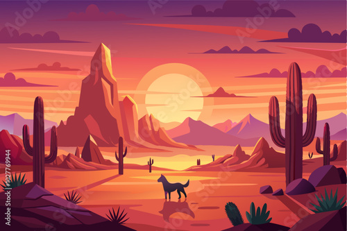 A 3D scene of a vibrant desert sunset with a lone cactus silhouette and a coyote howling in the distance