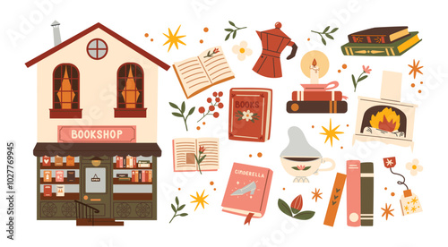 Bookstore stickers and autumn decor. Cozy shapes attributes of autumn: plants, leaves, books, fireplace, warmth and coziness. Cute library stickers in retro cartoon doodle style