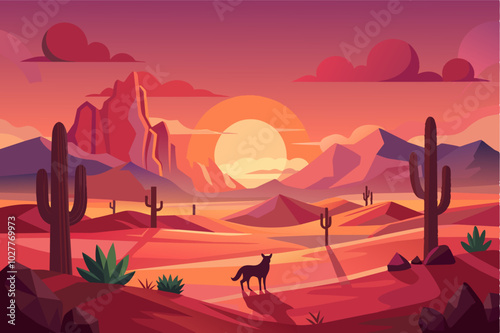 A 3D scene of a vibrant desert sunset with a lone cactus silhouette and a coyote howling in the distance