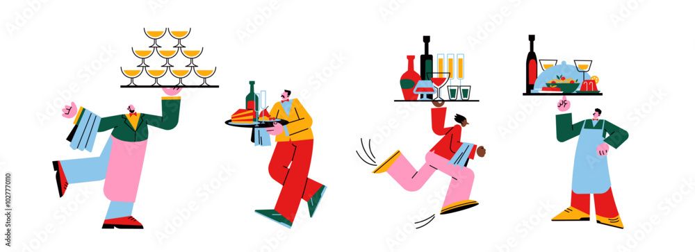 Waiters cartoon characters in uniforms and aprons. Cafe employees carry food on a tray to restaurant visitors. Staff serves visitors, human professions Waiters cartoon characters in uniforms and aprons. Cafe employees carry food on a tray to restaurant visitors. Staff serves visitors, human professions