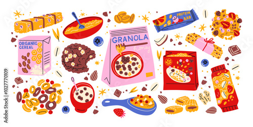 Cereal corn flakes, cartoon style breakfast set. Boxes of crunchy crispy muesli, oatmeal, porridge. Doodle healthy baby food sticker