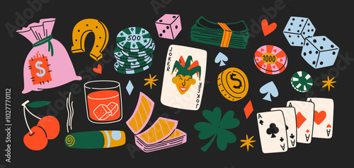 Casino sticker set, poker and gambling. Retro cartoon slots, jackpot, playing cards, luck and money. Shapes paper cards ace and joker.