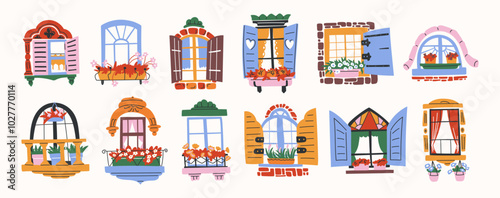 Set of cartoon style window frames. Different shapes of windows with shutters, curtains, window sills, balcony. Bright stickers, architectural design of the house facade. Plastic wooden windows 