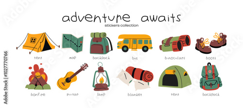 Cartoon hiking and camping stickers. Travel elements: boots, backpack, fire, tent, compass. Wildlife recreation and survival, travel elements in retro doodle style.
