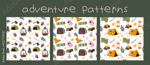 Cartoon hiking and camping patterns set. Travel elements: boots, backpack, fire, tent, compass. Wildlife recreation and survival, travel elements in retro doodle style.