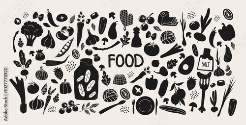 Food silhouettes: vegetables, fruits and kitchen items. Black and white minimalistic pattern of food and ingredients for cooking recipes. Cartoon shapes of supermarket products