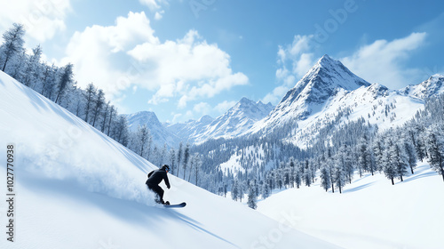 A skier gracefully glides down a snowy slope, surrounded by majestic mountains under a clear blue sky, capturing the thrill of winter sports and the beauty of nature.