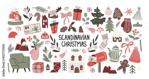 Christmas new year stickers in Scandinavian cartoon style. Holiday gifts, santa, christmas tree, coziness. Holiday hygge  seasonal vector shapes in retro groovy style
