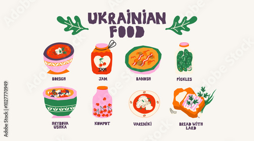 Traditional Ukrainian cuisine. Set of Ukrainian national dishes: borsch, varenyky, pickles, compote, banosh. Farm natural vegetables and fruits from the garden. Bright food stickers