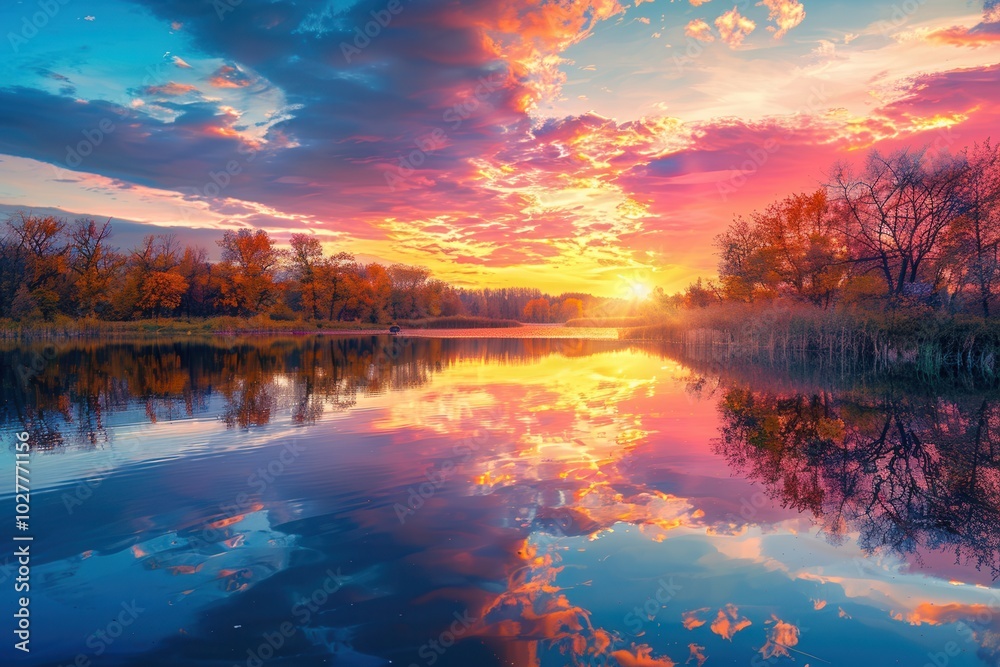 Witness a breathtaking autumn sunset with vibrant hues painting the sky, mirrored beautifully in calm water at twilight. Generative AI Witness a breathtaking autumn sunset with vibrant hues painting the sky, mirrored beautifully in calm water at twilight. Generative AI