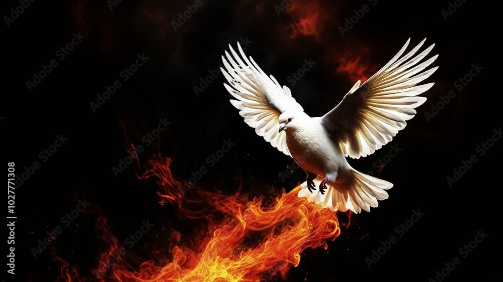 The sacred white dove floated amidst the blazing flames. The dove's feathers shine pure white, contrasting with the orange and fire red colors in the background. 4K The sacred white dove floated amidst the blazing flames. The dove's feathers shine pure white, contrasting with the orange and fire red colors in the background. 4K