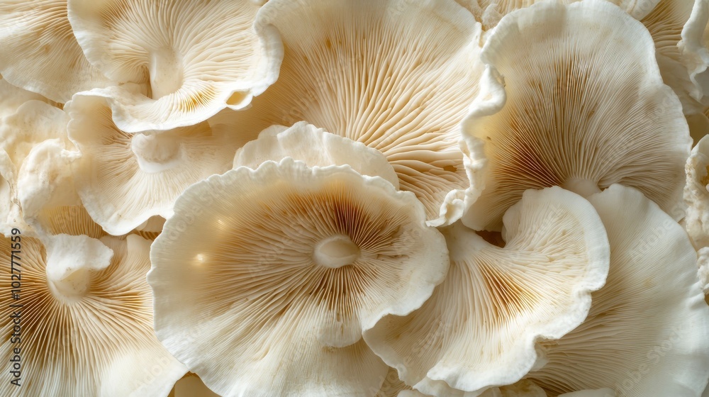 A close-up of delicate, creamy-white mushroom caps with intricate gill patterns. A close-up of delicate, creamy-white mushroom caps with intricate gill patterns.