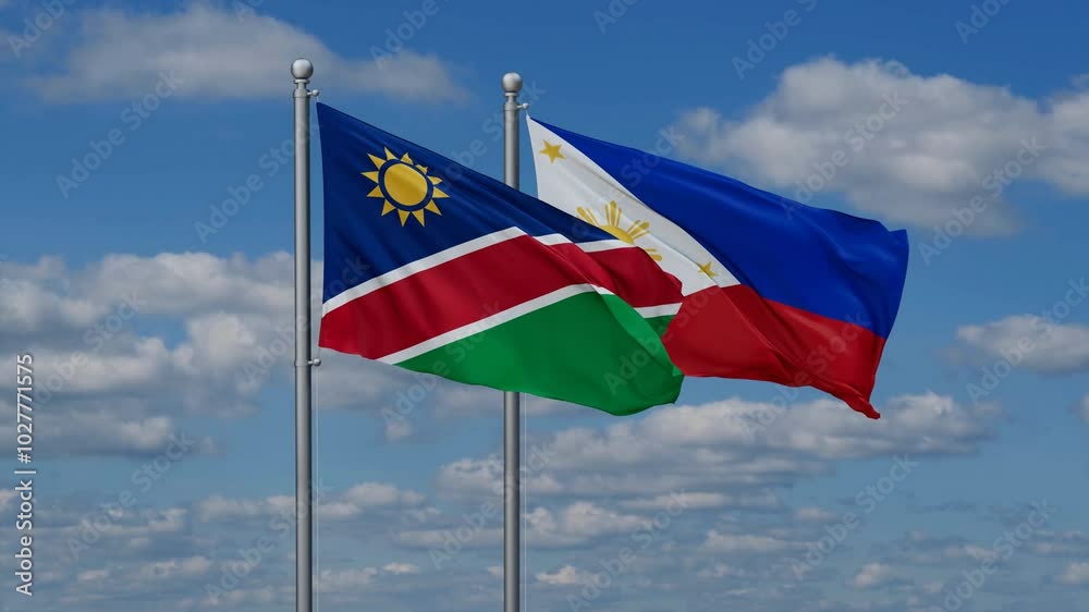 Philippines and Namibia flags flying together, video concept of the relationship, two country cooperation concept Philippines and Namibia flags flying together, video concept of the relationship, two country cooperation concept