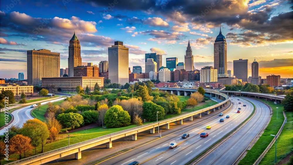 Fototapeta premium Ohio, transportation, Cuyahoga County, overpass, road, commuting, landscape, travel, traffic, Highway passing through the urban landscape of Cleveland Ohio in Cuyahoga County North America