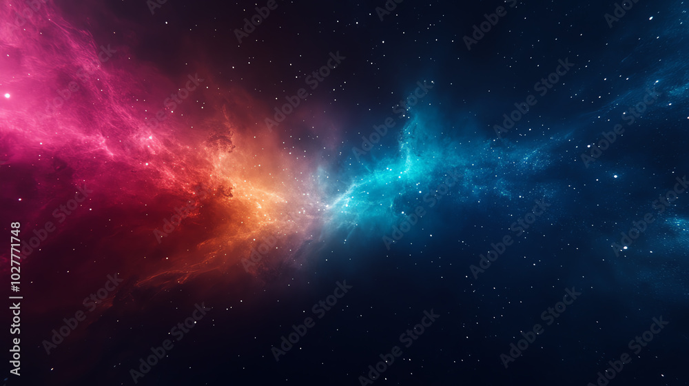 Obraz premium A stunning cosmic scene displaying vibrant nebulae with swirling colors of pink, orange, and blue against a deep black starry background, perfect for space-themed projects.