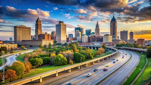 Ohio, transportation, Cuyahoga County, overpass, road, commuting, landscape, travel, traffic, Highway passing through the urban landscape of Cleveland Ohio in Cuyahoga County North America