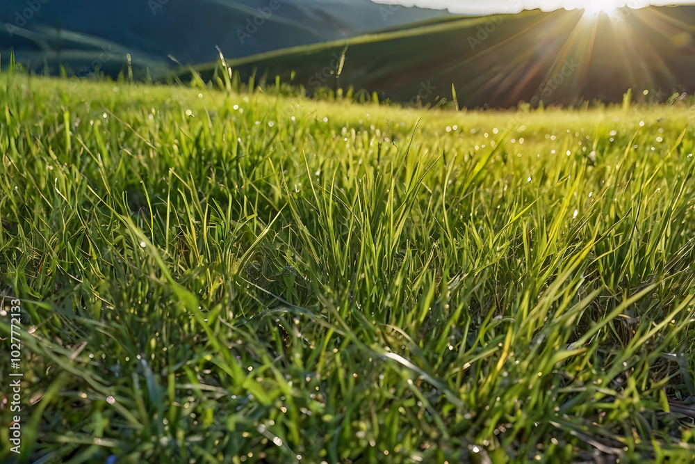 Obraz premium Realistic outdoor green grass ground field mountain hill public park and cloud and blue sky background with blur background in concept of freshness, growth, environment ecology and sustainablility