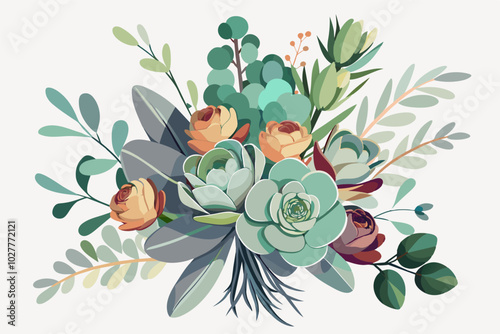 A bouquet with a focus on foliage: eucalyptus leaves, dusty miller stems, and textured succulents