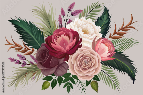 A bouquet with a mix of textures: velvet roses, fluffy peonies, and feathery ferns