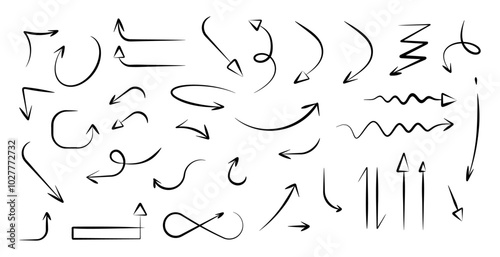 Set of different arrow shapes with doodle effect hand drawn design in fun visual presentations animated vector illustration