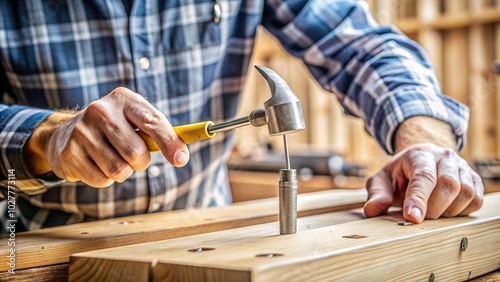 carpentry, attach, maintenance, repair, screw, DIY,hammer, hardware, force, renovation, mechanic, equipment, fasten, hardware store, hit, Using a hammer to hammer a screw photo