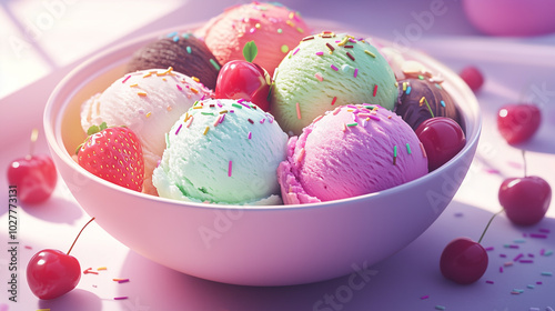 Illustration of Colorful ice cream scoops with berries.