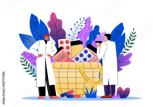 Pharmacists with rx prescription. Two men with pills and drugs. Diagnosis and treatment. Healthcare and medicine. Poster or banner. Flat vector illustration