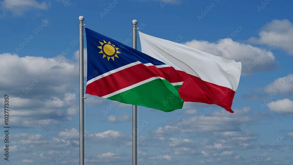 Poland and Namibia flags flying together, video concept of the relationship, two country cooperation concept Poland and Namibia flags flying together, video concept of the relationship, two country cooperation concept