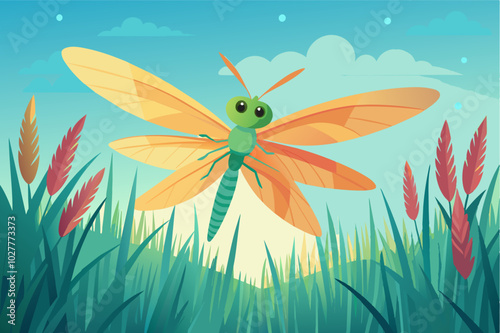 A bright dragonfly flitting through a field of tall grass, with a gentle breeze swaying the blades