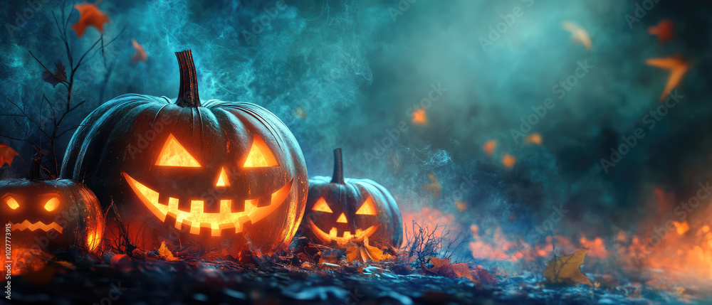 A captivating Halloween scene with glowing jack-o'-lanterns surrounded by mist and falling leaves, under an eerie moonlit sky, evoking mystery and thrill.