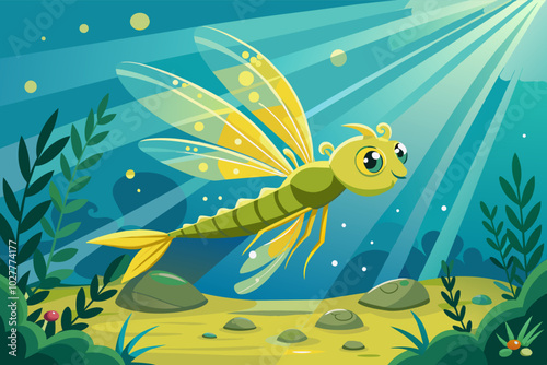 A bright yellow dragonfly emerging from its nymph stage underwater, sunlight filtering through the water