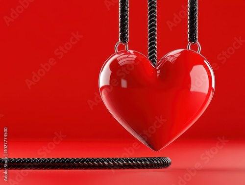 A shiny red heart pendant hanging on black ropes, over a red background.