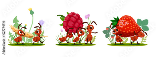 Cartoon ants carrying food to anthill through green grass field and flowers. Funny brown ants insect vector characters with happy smiling faces carrying wheat ear, strawberry and raspberry fruits