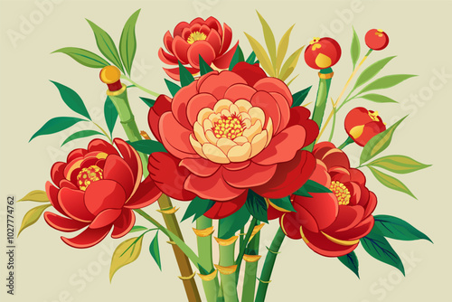 A celebratory Chinese New Year bouquet with red peonies and lucky bamboo stalks