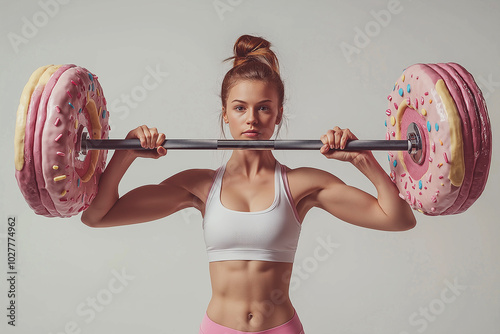 Woman trying to lift a barbell made of big donuts. Dumbbell doughnut. Creative concept for a healthy lifestyle, Bad fitness nutrition, sport and bodybuilding. Weight training, wrong diet, funny food photo