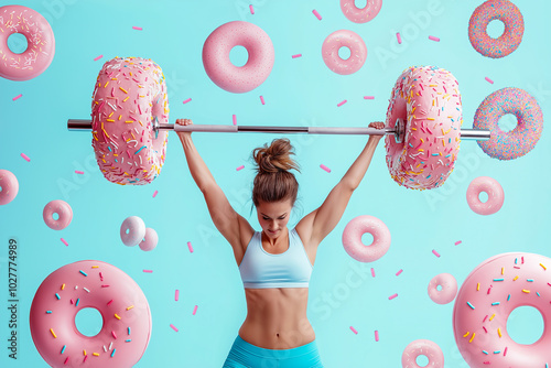 Fototapeta Naklejka Na Ścianę i Meble -  Woman trying to lift a barbell made of big donuts. Dumbbell doughnut. Creative concept for a healthy lifestyle, Bad fitness nutrition, sport and bodybuilding. Weight training, wrong diet, funny food