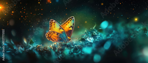 A vividly colorful butterfly perches gracefully in a magical, fantasy-inspired wonderland, surrounded by sparkling lights and surreal, ethereal ambiance.