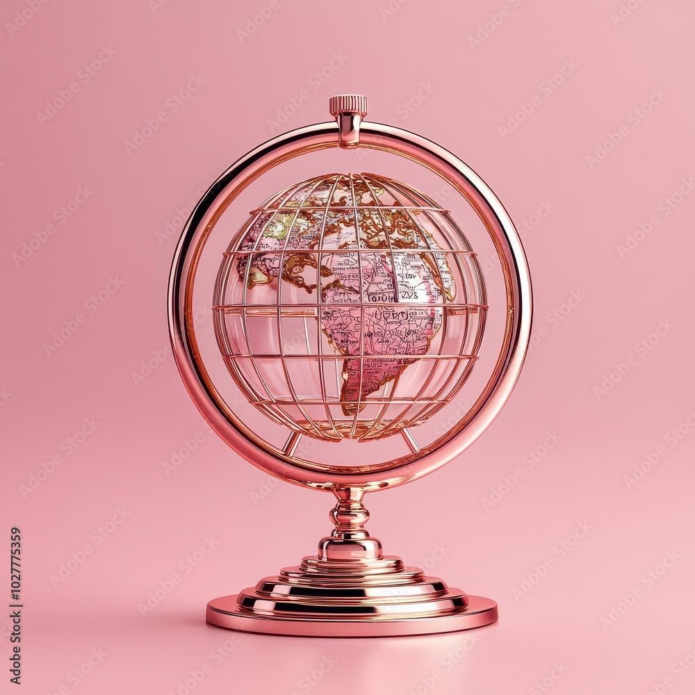 Rose gold globe displayed on a pink background, showcasing world map intricacies. Rose gold globe displayed on a pink background, showcasing world map intricacies.