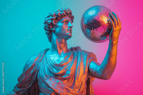 Ancient Greek statue with disco ball. A mirror disco ball in sculpture's hand, modern art, roman statue, nightlife concept, glam and chic