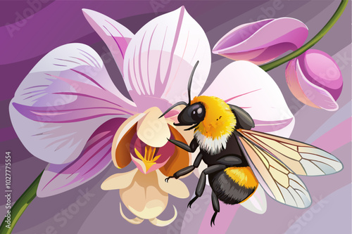 A close-up of a bumblebee clinging to a delicate orchid bloom, its fuzzy body contrasting with the soft petals
