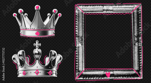 Silver glitter collage photo frame template with a transparent crown set. Retro scrapbook layout featuring a doodle elements.

