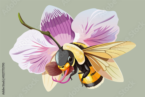 A close-up of a bumblebee clinging to a delicate orchid bloom, its fuzzy body contrasting with the soft petals