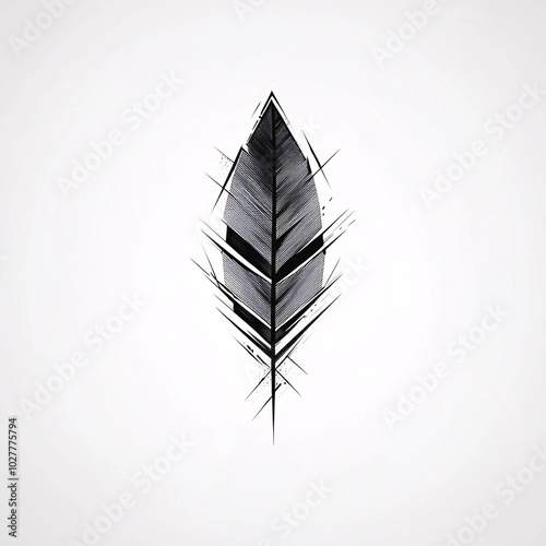 A minimalist tattoo design of an abstract feather in black ink, combining geometric shapes and clean lines for a sleek and modern look. The tattoo features a subtle and elegant style, perfect for thos photo