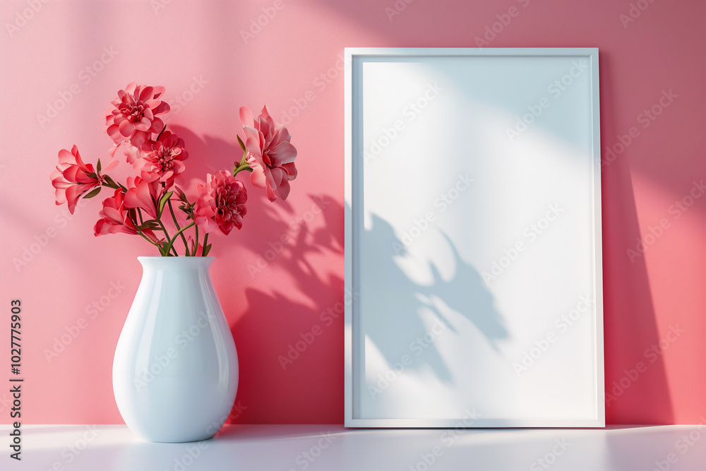 White frame mockup with flowers in vase near the wall. A white vase with bouquet on a shelf, with a blank white frame next to it White frame mockup with flowers in vase near the wall. A white vase with bouquet on a shelf, with a blank white frame next to it