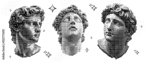 Collage halftone set with Greek Statue Head. Vector pattern featuring god face and ancient Roman design.