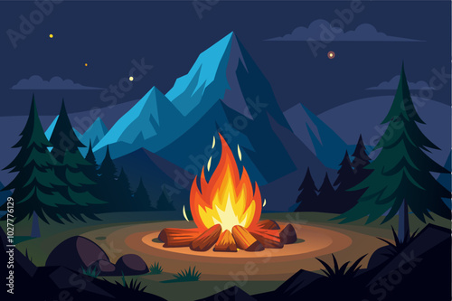 A close-up photo of a small fire in a mountain campsite, embers glowing and sparks dancing upwards