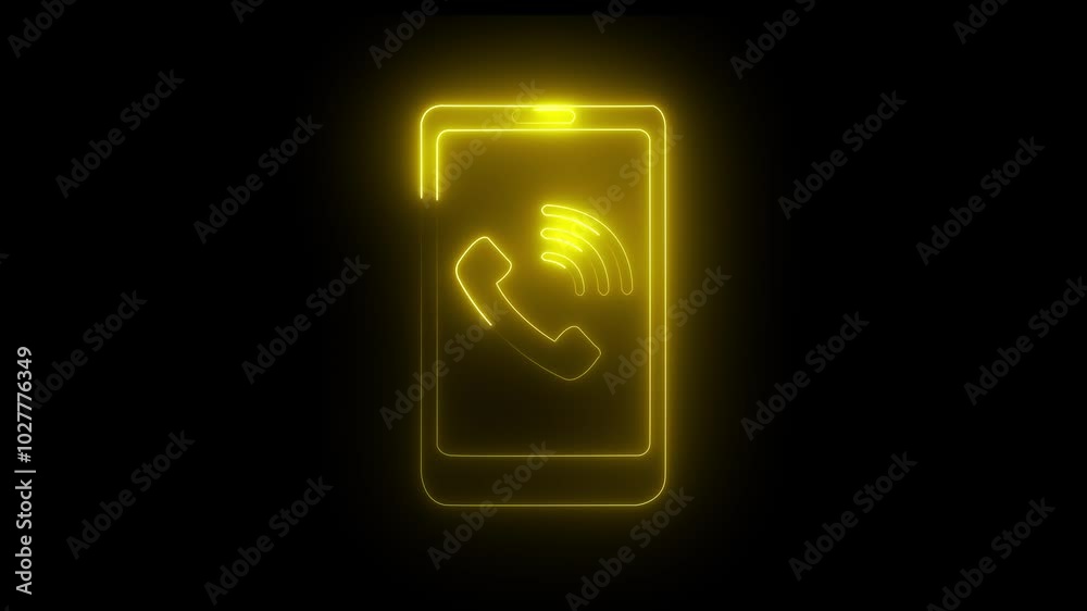 Smart phone icon animation by yellow colored neon on black background. Smart phone icon animation by yellow colored neon on black background.